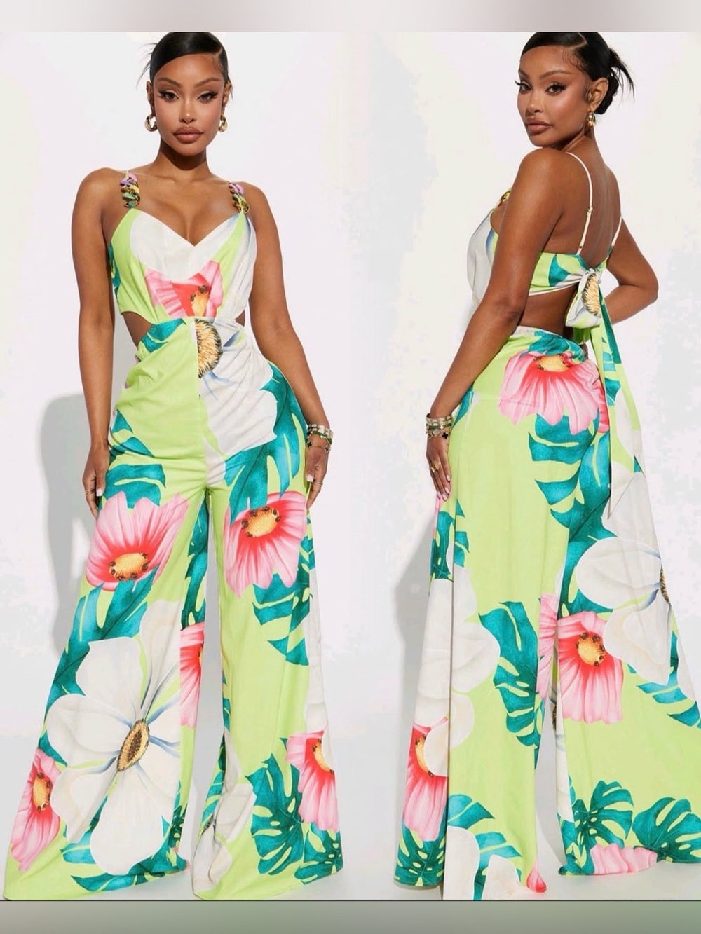 NWT Fashion Nova Luxury Destination Printed Jumpsuit - Green/combo Size Medium